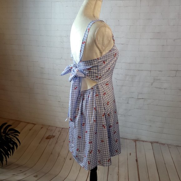 Cherries & Blue Gingham Dress with Back Tie/Bow - Picture 2 of 6